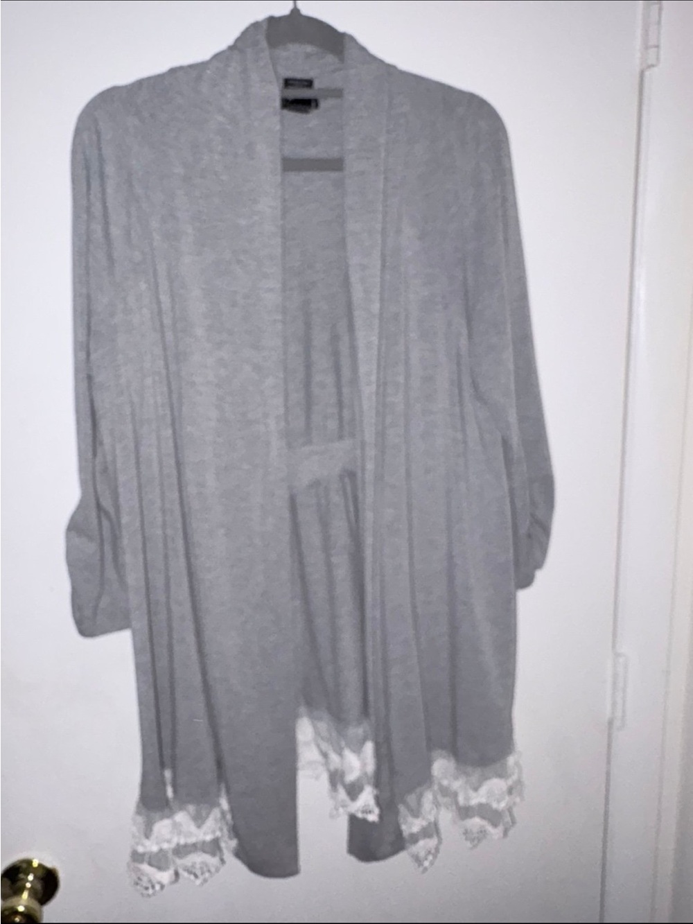 new directions Gray Open-Front Cardigan with Lace Hem